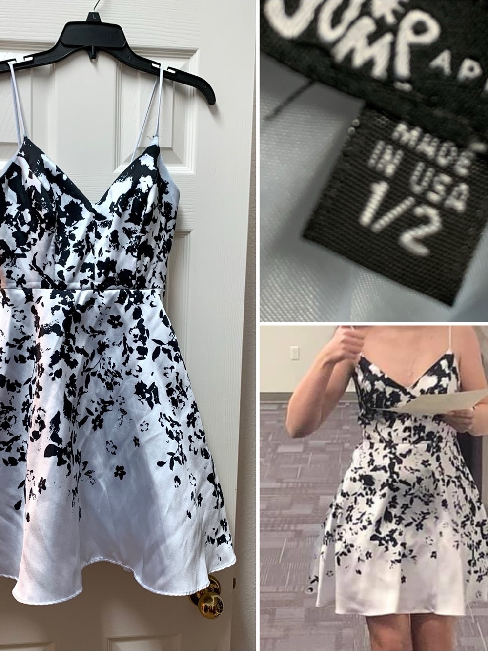 Black & White Floral Fit-and-Flare Satin Dress
